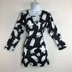 Beyond This Plane Women's Black White Halloween Ghost V-Neck Tunic Top Size L